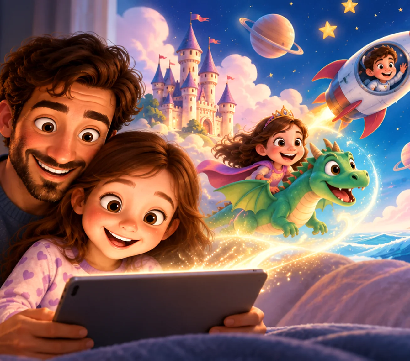 A dad and his daughter watching their own animated story on a tablet