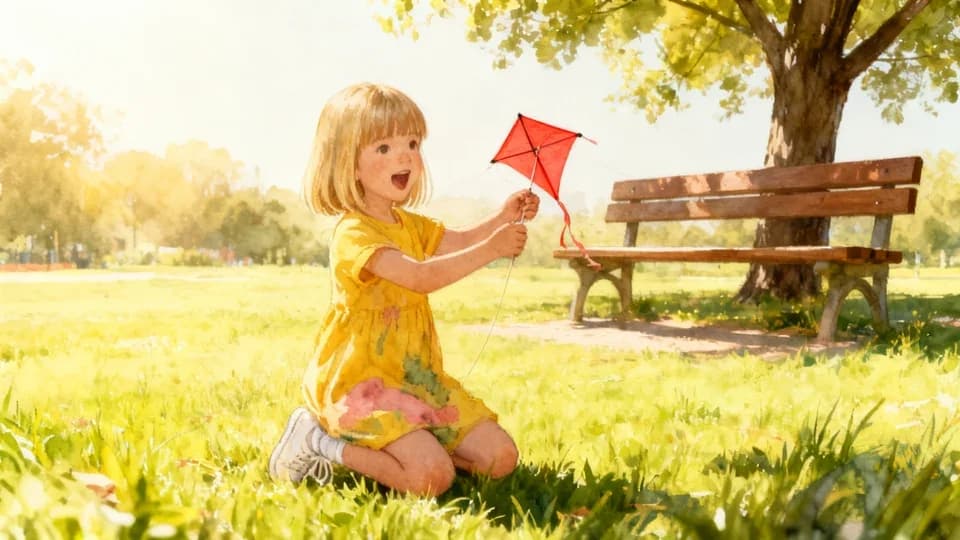 A girl flying a red kite in the park, watercolor style