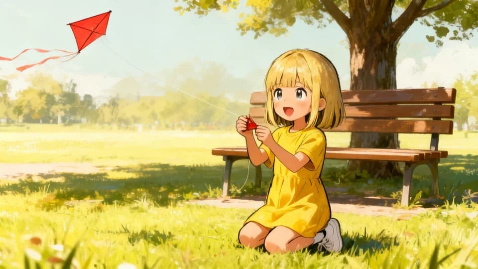 A girl flying a red kite in the park, anime style