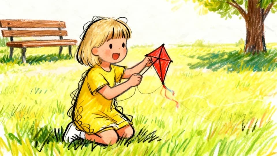 A girl flying a red kite in the park, doodle style