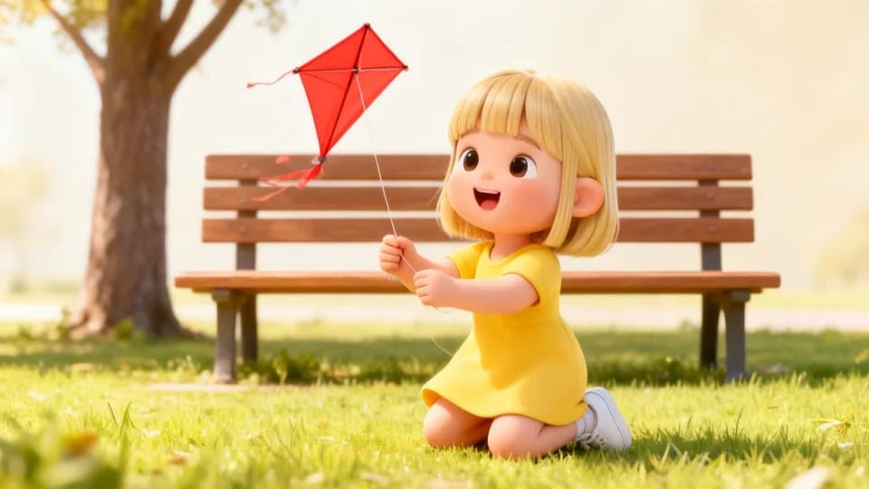 A girl flying a red kite in the park, soft 3d style