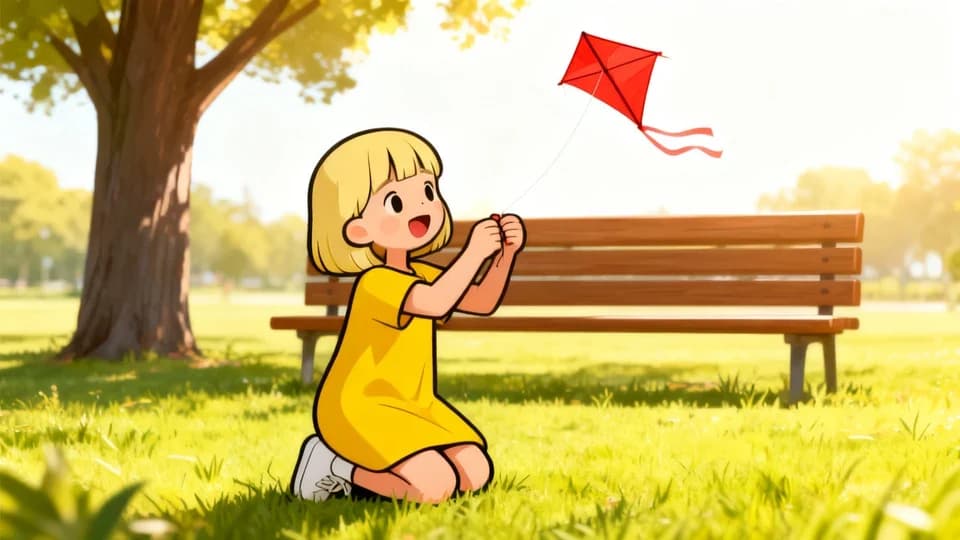 A girl flying a red kite in the park, minimalist 2d style